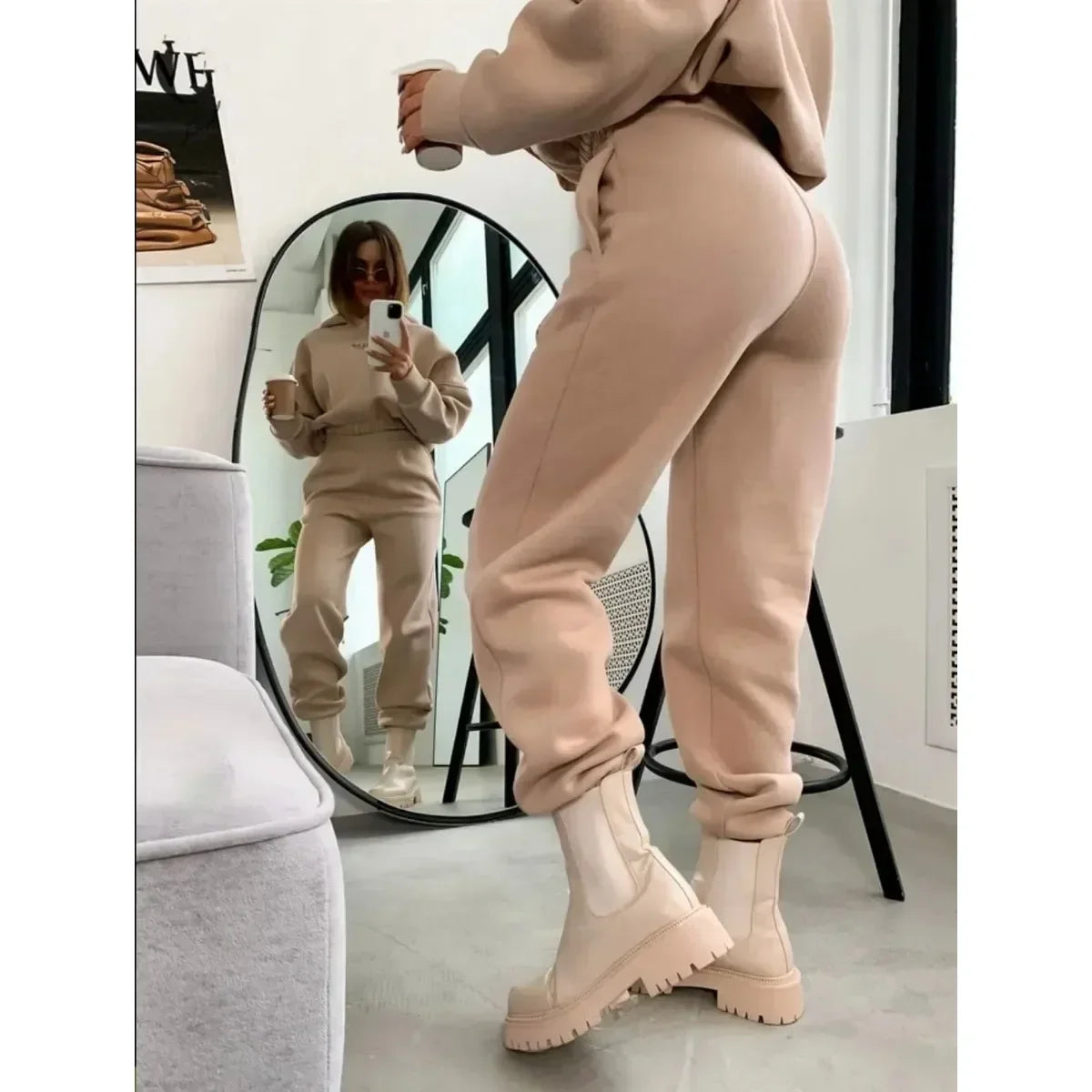 Women's Tracksuit Casual Letter Print Hoodies Suits Autumn Winter Warm Hooded Sweatshirts And Long Pants Fleece Two Piece Sets