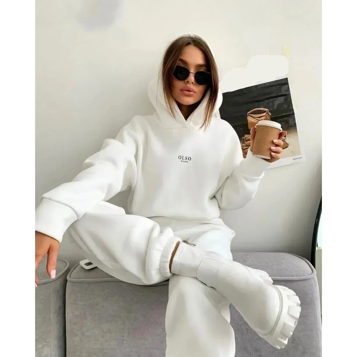 Women's Tracksuit Casual Letter Print Hoodies Suits Autumn Winter Warm Hooded Sweatshirts And Long Pants Fleece Two Piece Sets