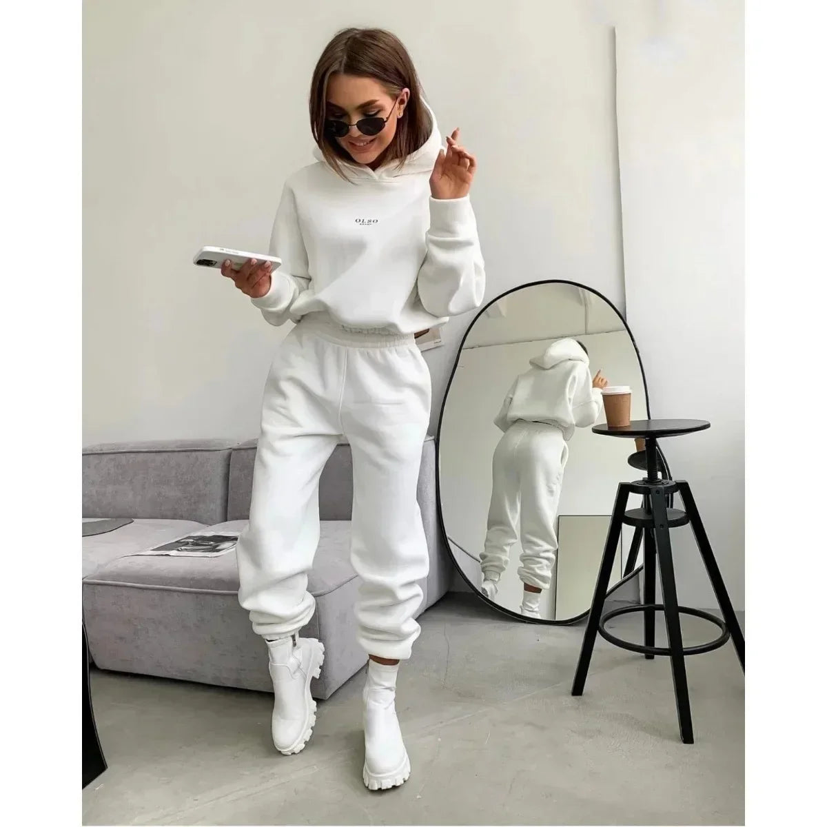 Women's Tracksuit Casual Letter Print Hoodies Suits Autumn Winter Warm Hooded Sweatshirts And Long Pants Fleece Two Piece Sets