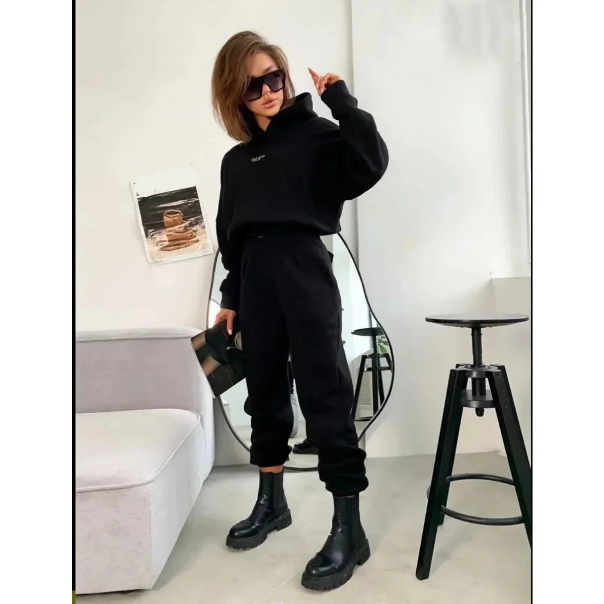 Women's Tracksuit Casual Letter Print Hoodies Suits Autumn Winter Warm Hooded Sweatshirts And Long Pants Fleece Two Piece Sets