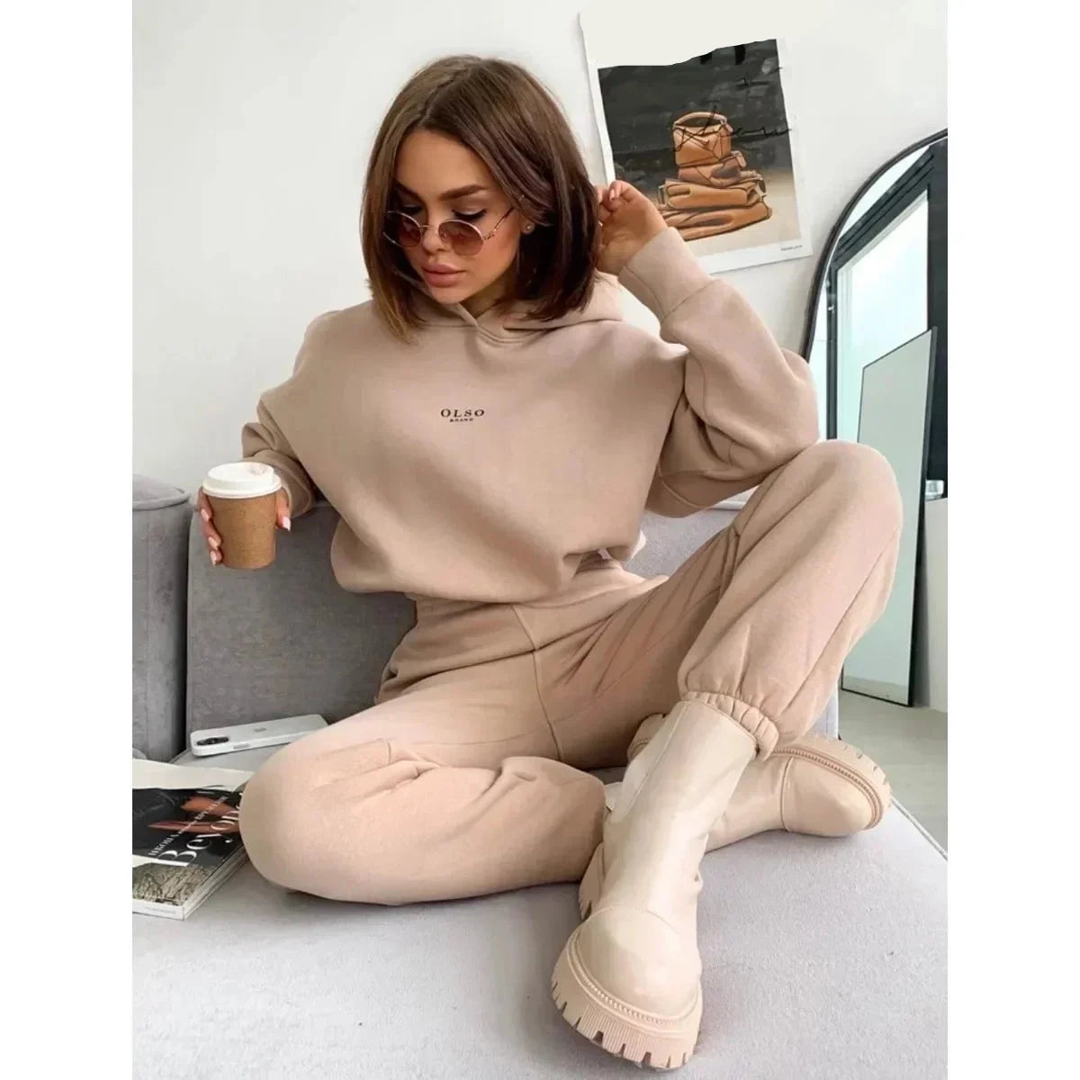 Women's Tracksuit Casual Letter Print Hoodies Suits Autumn Winter Warm Hooded Sweatshirts And Long Pants Fleece Two Piece Sets